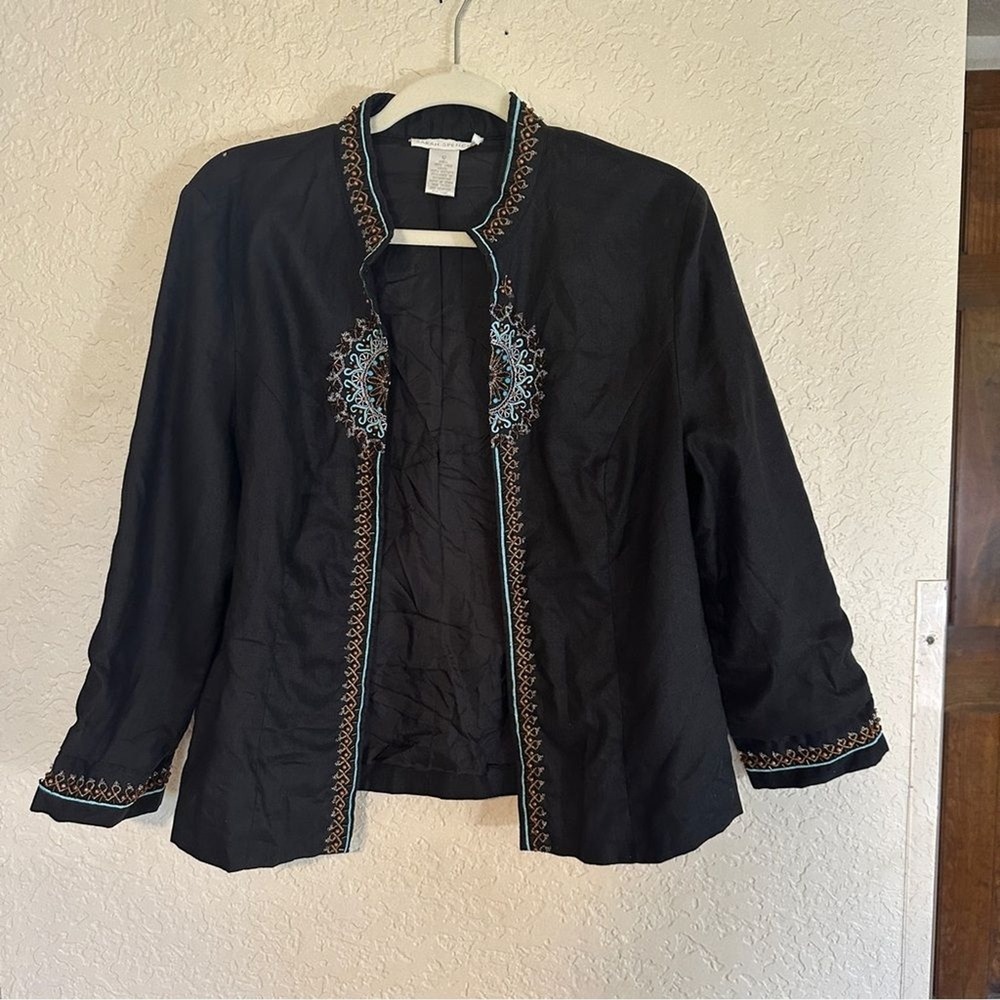 Sarah Spencer Jacket Black 12 Womens Linen Beaded Embroidered Boho Open Front - Picture 3 of 13